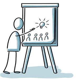 gezeichnetes Männchen steht vor Flipchart