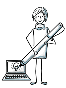 Skechnotesmänchen mit Computer und Stift